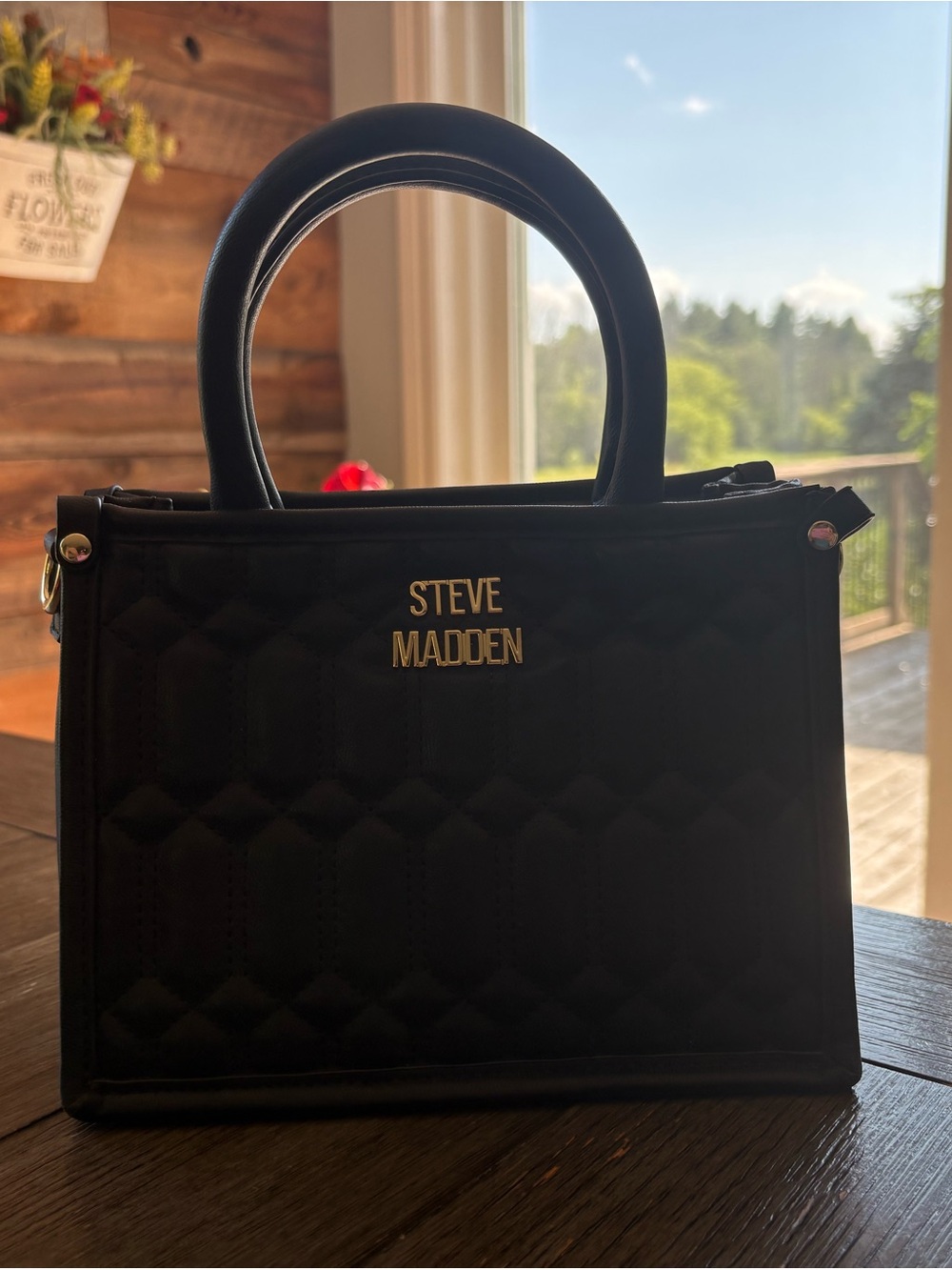 Steve Madden Black Quilted Top-Handle Satchel with Gold Logo - Picture 2 of 9